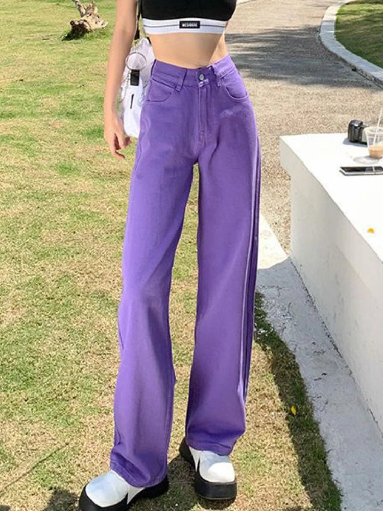

Summer 2023 Women's Jeans High Waist Loose Vintage Y2k Cotton Denim Pants Casual Buttons Purple Wide Leg trousers for Women