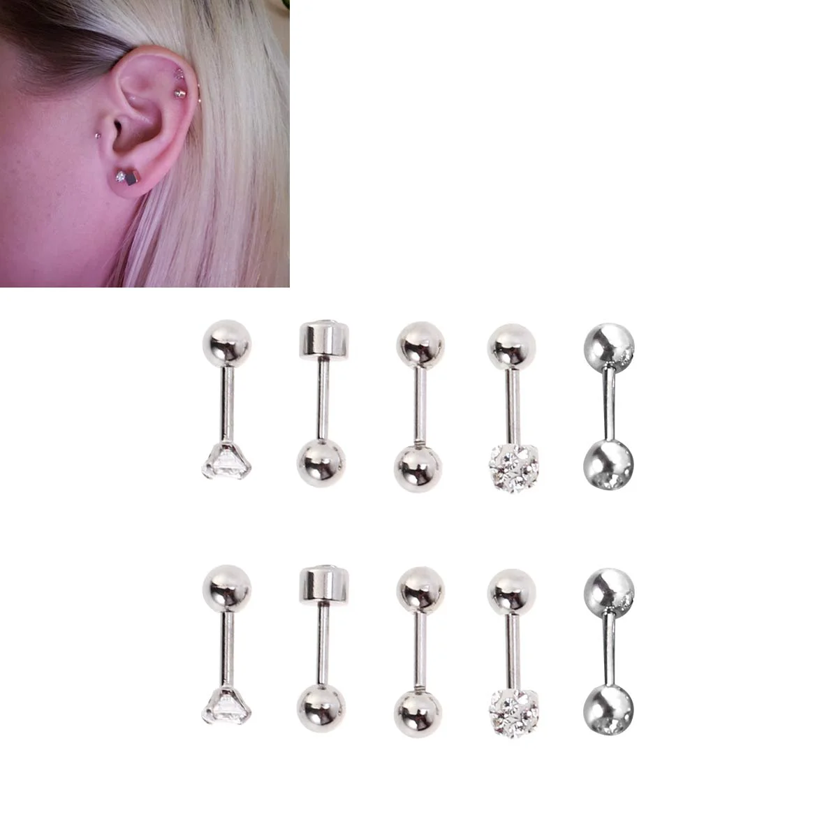 

5Pairs 5 Styles Round Studs Tragus Stainless Steel Barbell Cartilage Helix Cartilage Rings Earrings Set
