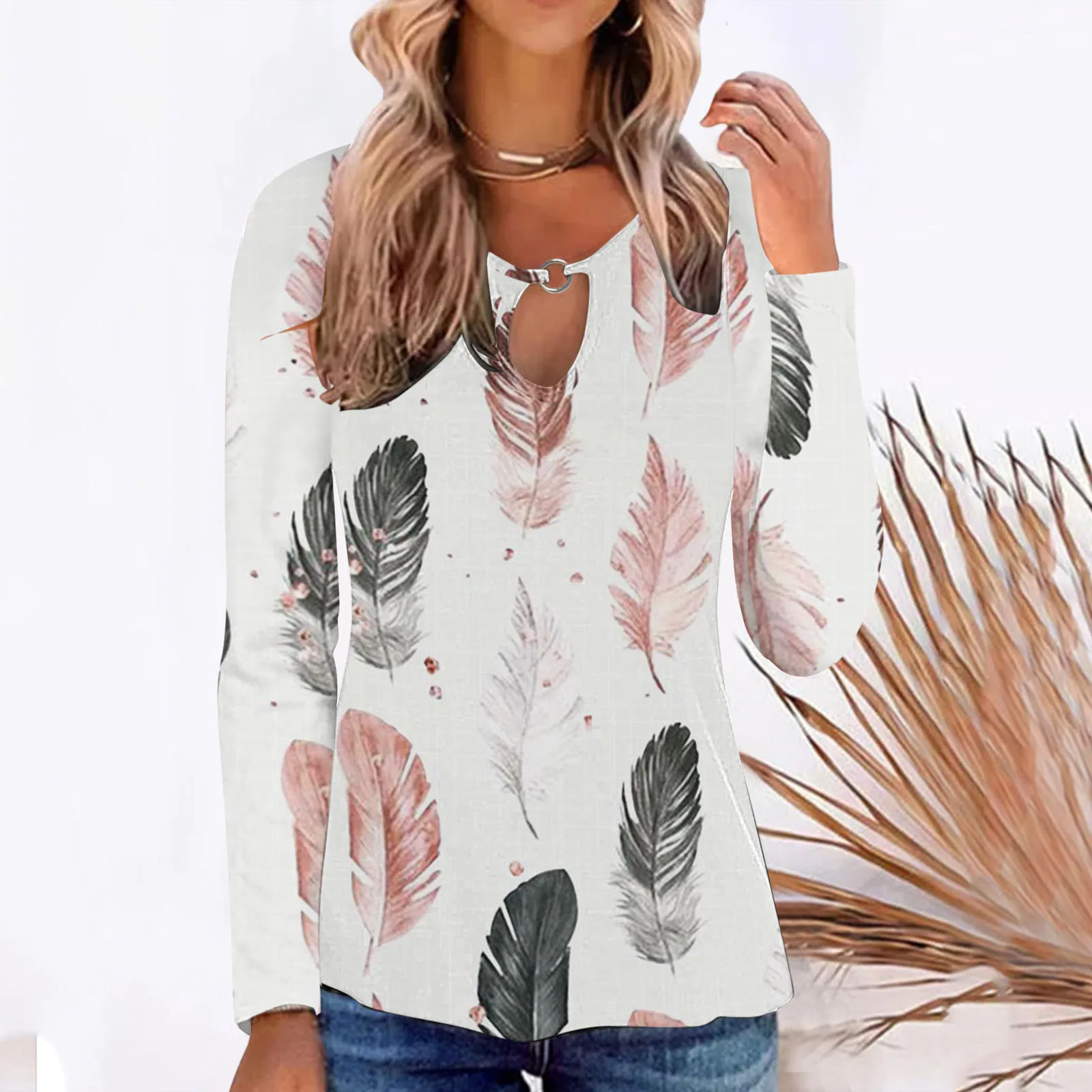 

Women Casual Feather Flowers Printing Hollow Out T Shirts Crew Neck Long Sleeve Women Long Sleeve Workout White Tee Shirt V Neck