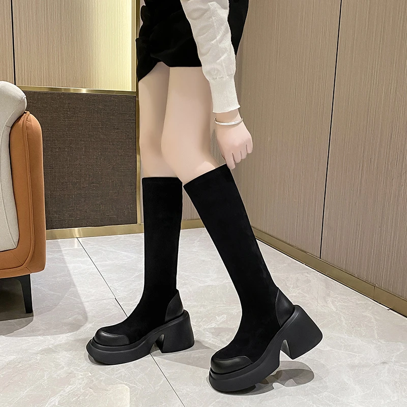 2023 British School Tight Boots Square Toe Platform Thick Heels Flocking Convenient Thigh High Boots Boots Women