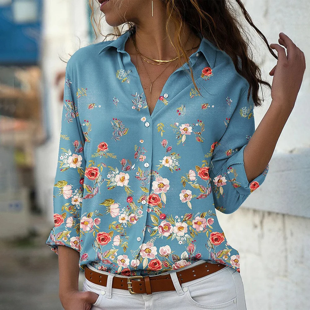 

2023 Autumn Women's Flower Print Shirt Fashion Button Top Slim Fit Comfortable Women's Button V-neck Casual Long Sleeve Shirt