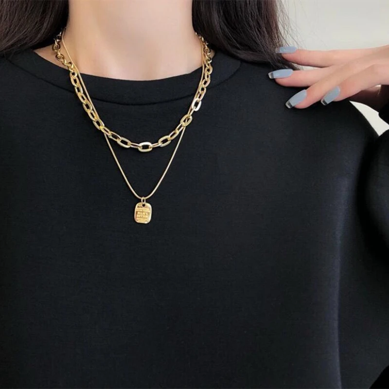 

Korean Fashion 2022 New Necklace For Women Choker Collar Double Layer Delicate Clavicle Chain Vintage Metal Girl Jewelry Gift