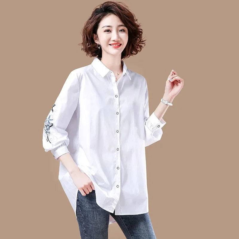 

Cotton Casual White Shirt Women's Literary Embroidery Blouse Fashion Long Sleeve Cardigan Jacket Spring Loose Thin Shirts F53