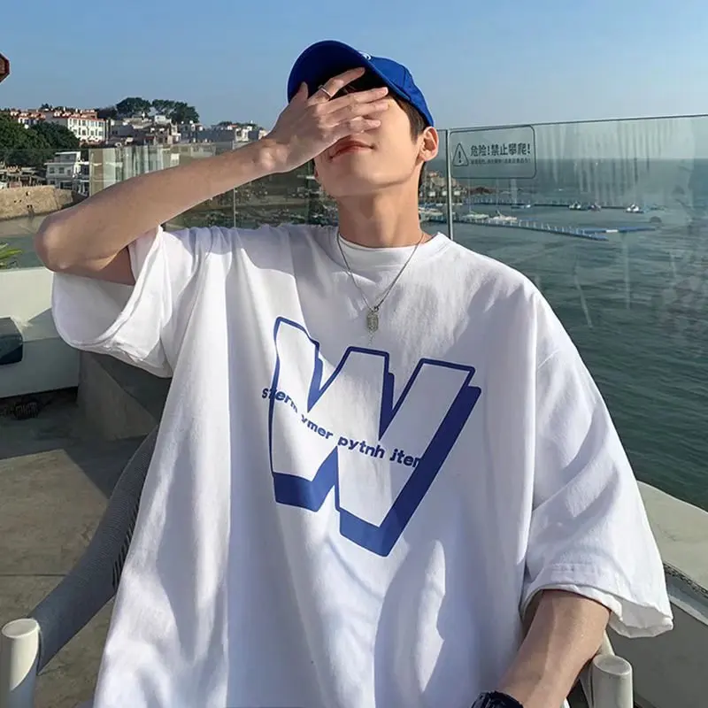 

Hong Kong style short-sleeved t-shirt men's summer tide brand design sense niche ins loose white cotton men's t-shirt clothes