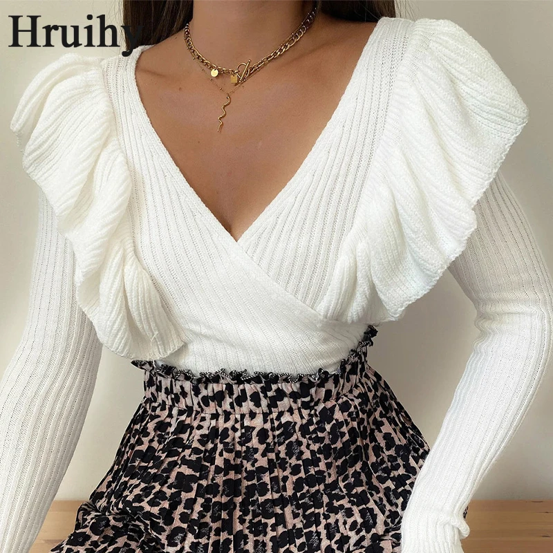 

Women's Blouse V Neck Ruffles Long Sleeve Casual Fashion Elegant Knit Shirt Women Office Party Club Chic Korean Clothes White