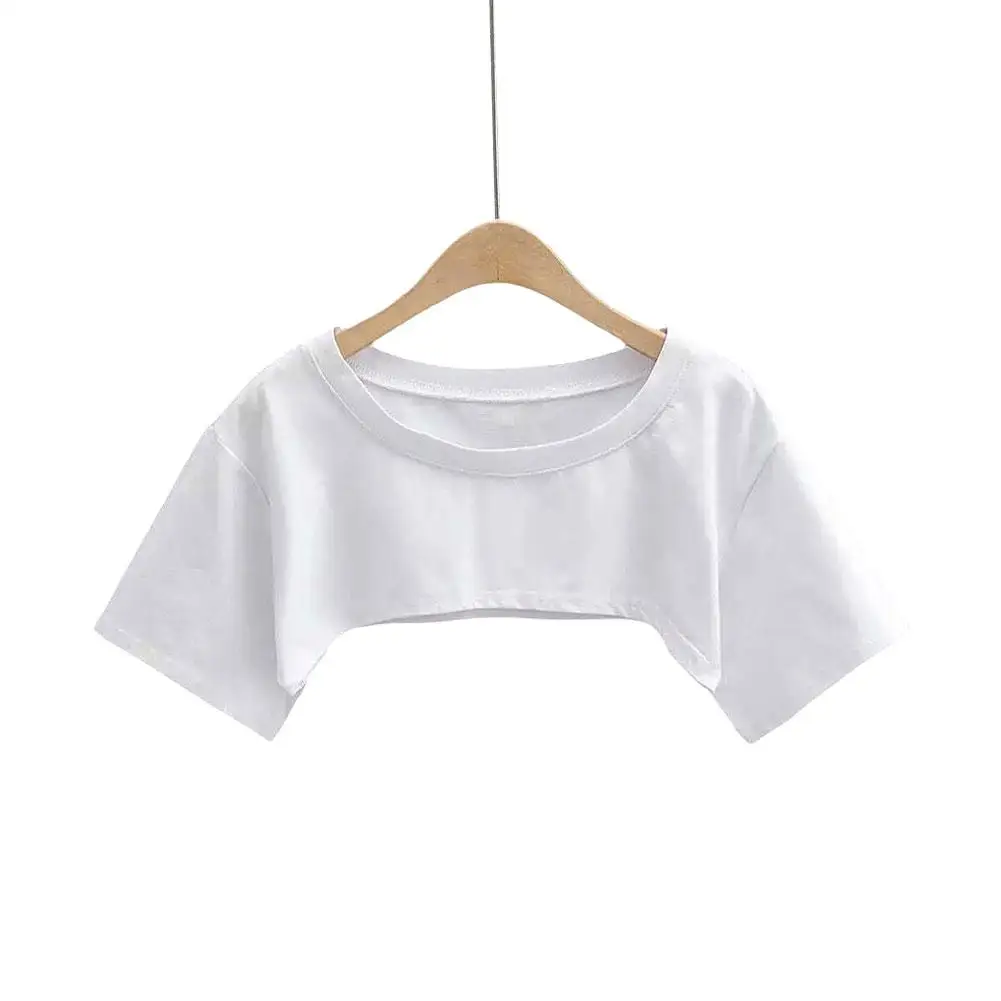 Модные летние топы женские блузки однотонная суперфутболка короткая круглая