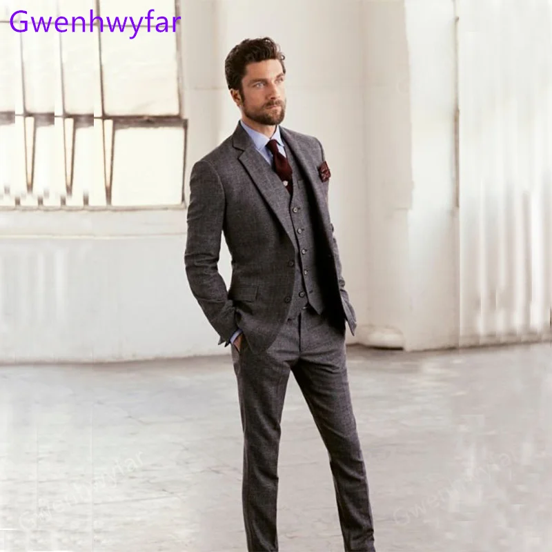 

Gwenhwyfar Fall 2022 Chic Men's Fleece Suit Notch Lapel Two Buttons Slim Fit Three-piece Men Wedding Suits Groom Formal Tuxedo