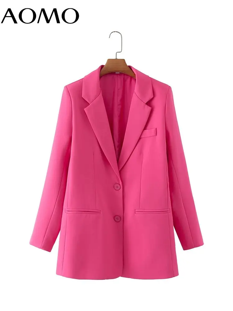 

AOMO Women Hotpink Blazer Coat Vintage Notched Collar Pocket 2023 Female Suit Outwear DA33A