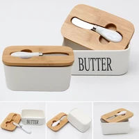 butter box nordic ceramic container storage tray dish cheese food tool kitchen keeper wood cover sealing plate knife sealed can