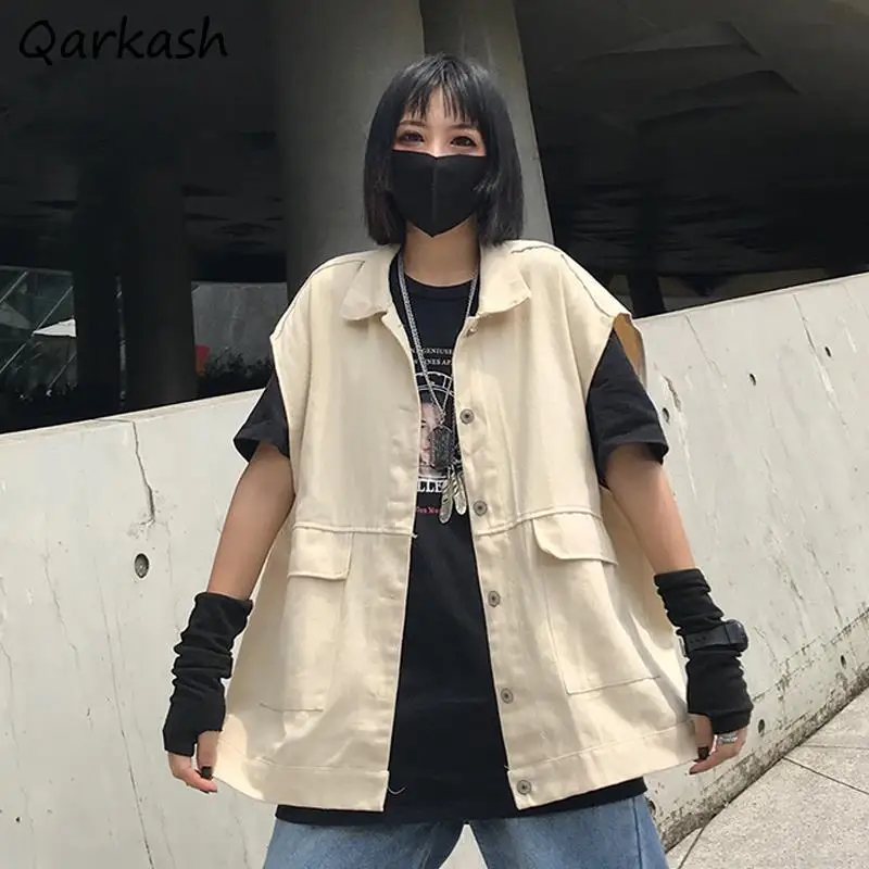 

Vests Women Korean Style Harajuku Trendy Couples Outwear Spring Chic Cargo Clothing Teens Streetwear Sleeveless Jacket Autumn
