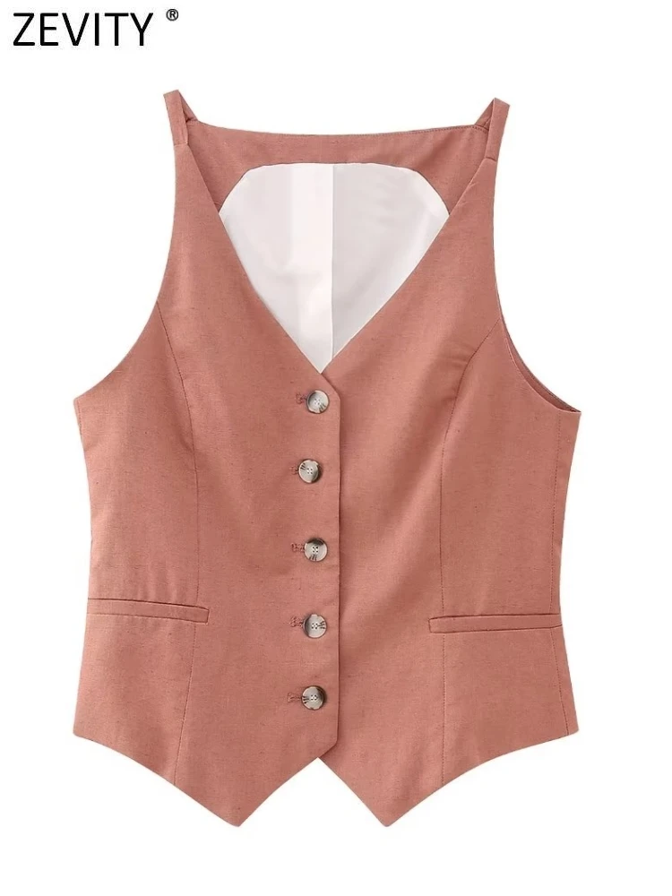 

Zevity Women Fashion V Neck Single Breasted Slim Vest Jacket Office Lady Sleeveless Sling Linen WaistCoat Pockets Tops CT4815