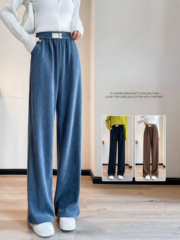 High Waist Drooping Casual Cotton Velvet Straight Mopping Pants Women Spring Autumn Plump Girls Wide-Leg Pants Women