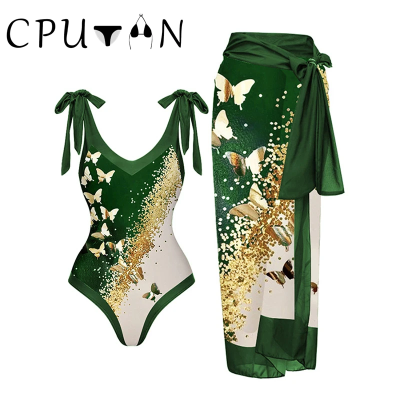 CPUTAN 2023 New Vintage Green Print One-piece Swimsuit Dress Sexy Bikini Set Swimwear Cover Up Beach Dress Bathing Suit Skirt
