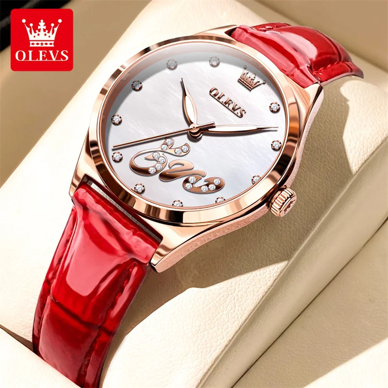 OLEVS Watch Women Diamond Leather Quartz Wristwatch Waterproof Luminous Rose Gold Red Ladies Watches Girlfriend Gift reloj mujer