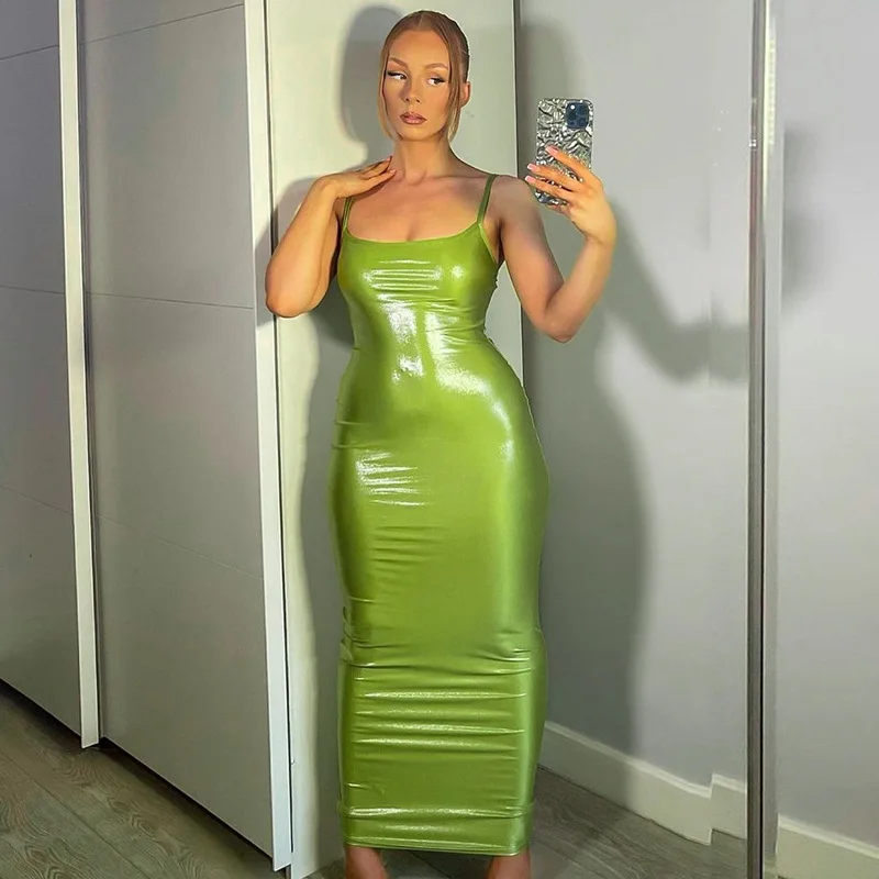 

PU Sexy Bodycon Maxi Dress Green Fashion Spaghetti Strap Women Dress Backless Beach Hot Party Night Club Outfits 2023 Spring