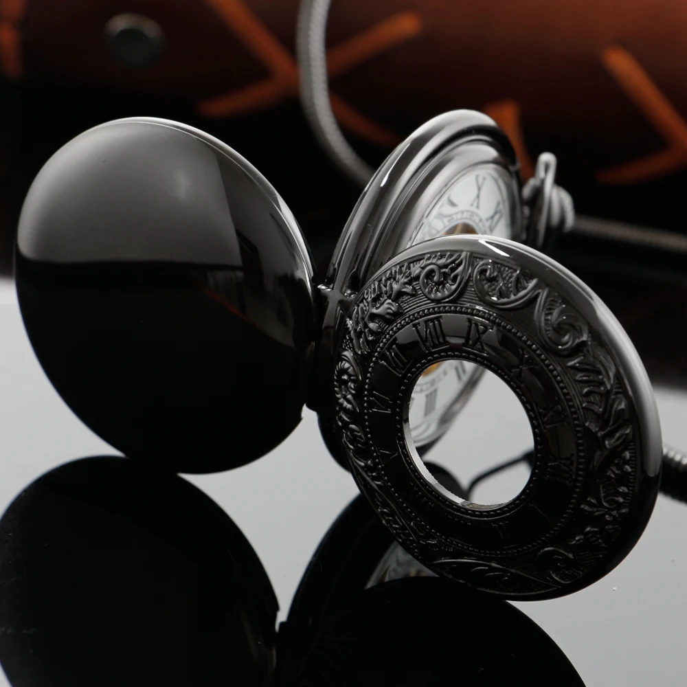 Double Sided Opening Black Steampunk Roman Mechanical Pocket Watch Retro Gentleman Analog Signal Clock Lady Jewelry Gift