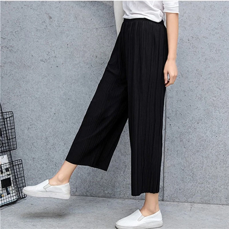 

Pant Pleated Chiffon Wide Leg Pants Female Summer New Korean Version Of Calf-Length Pants High Waist Loose MM Pants