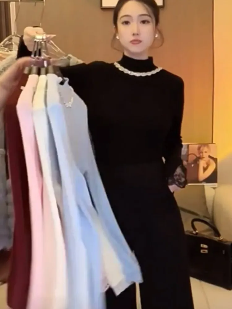 French sle Half-high Collar Beads Pullover Top Bottoming Shirt Western Sle Lace Stitching Long sleeve Knit Slimming High-End