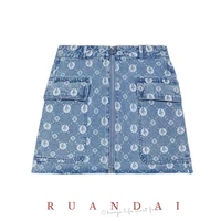 cotton 100 printed a line skirt for ruandai 2022 summer new french high waisted thin blue denim floral half skirt female