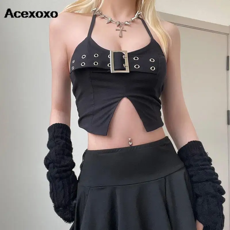 

2023 women's summer fashion street wind in spice neologism buckle hanging small vest women neck