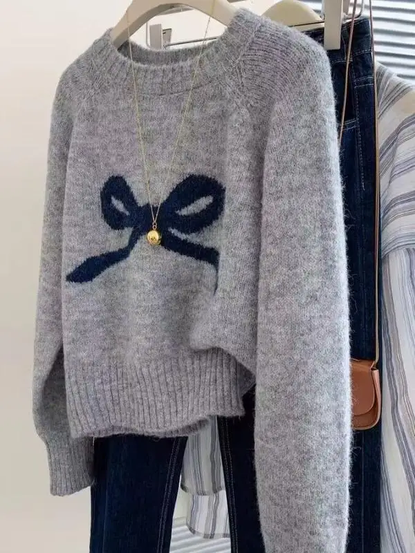 Bow Knit Gray Shoulder Sweater Women 2024 Autumn and Winter New Plus size Chubby Girl Korean Series Idle Sle Top