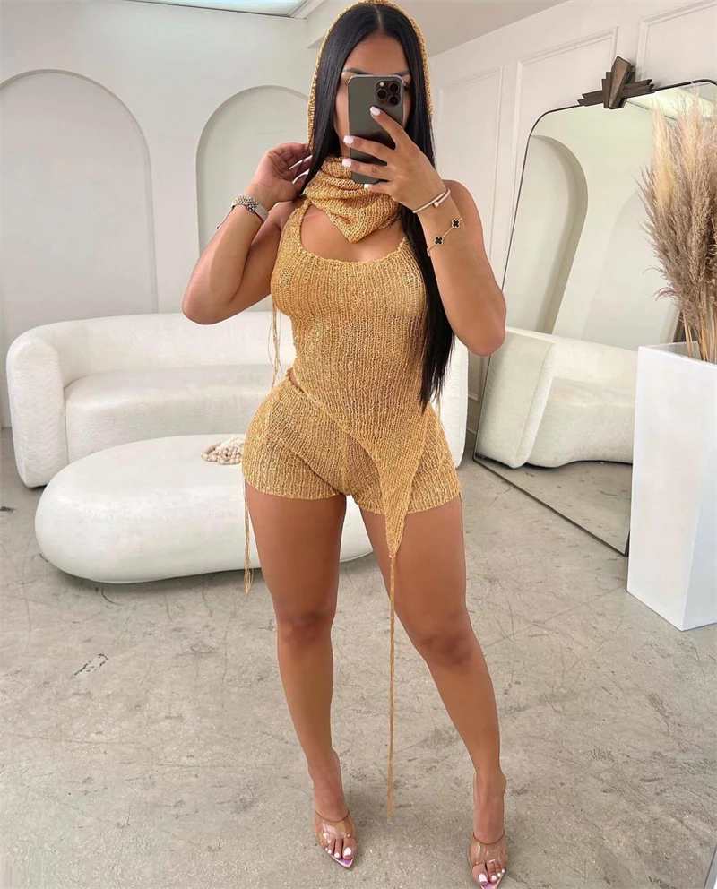 

Knit Ribbed Women's Set Hats + Lace Up Halter Backless Irregular Crop Top + Shorts 2023 Summer Sexy Club Suit Y2K Streetwear