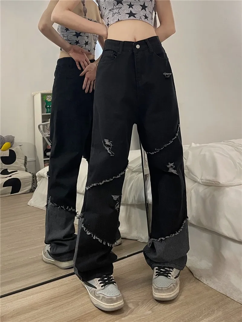 

2023 New Summer Autumn Women's Black American Retro Street Jeans Raw Edge Casual High Waist Trousers Couple Clothes Cargo Pants