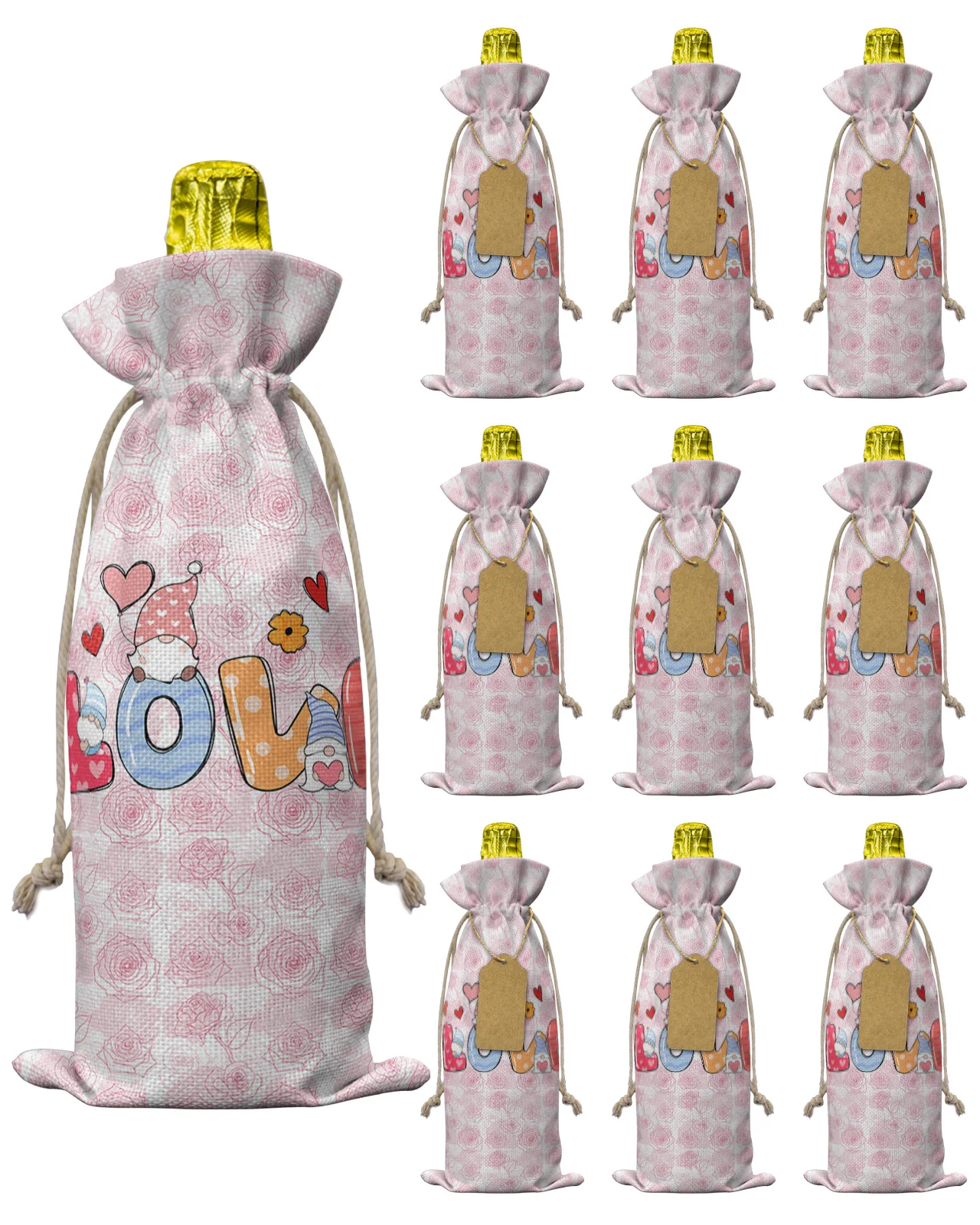 

10pcs Love Flower Dwarf Drawstring Wine Bottle Covers Reusable Bottle Wrap Gift Package Party Decor Wine Bags