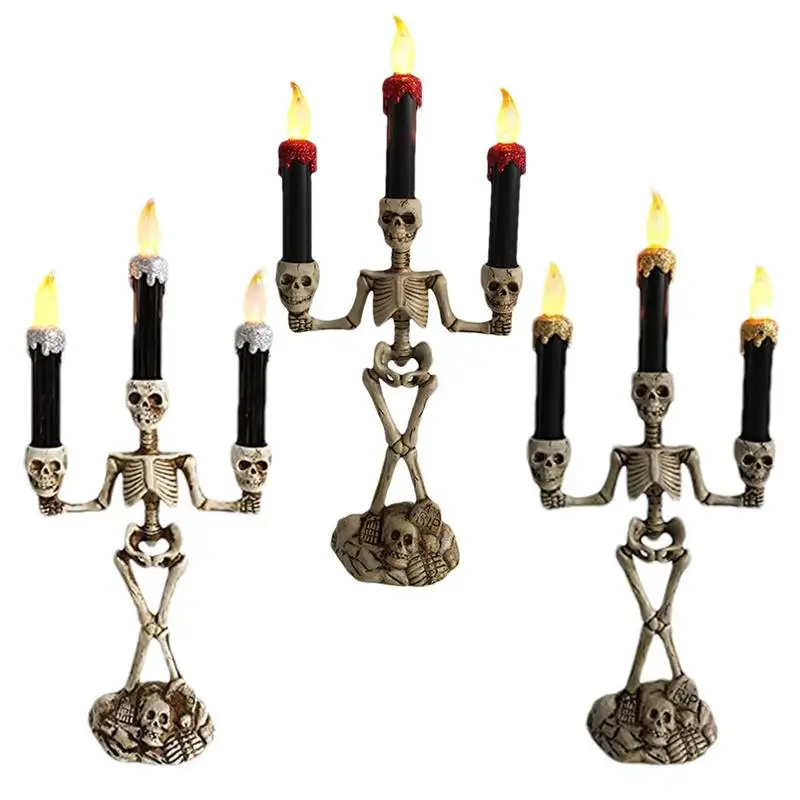 

Halloween Decorative Candles Triple Skull Candlestick For Table Centerpiece Decor Spooky Decorations For Haunted House Parties