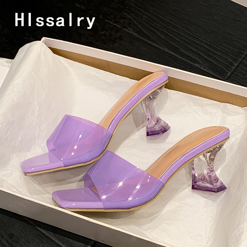 

Тапочки Hlssalry женские прозрачные, ПВХ сандалии-желе карамельных цветов, квадратный носок, странные каблуки, прозрачная обувь