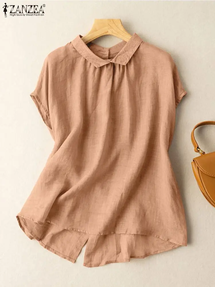 

Oversized 2022 Summer Short Sleeve Top Tee ZANZEA Women Stylish Shirts Casual Solid Loose Blusas Embroidered Lapel Neck Chemise