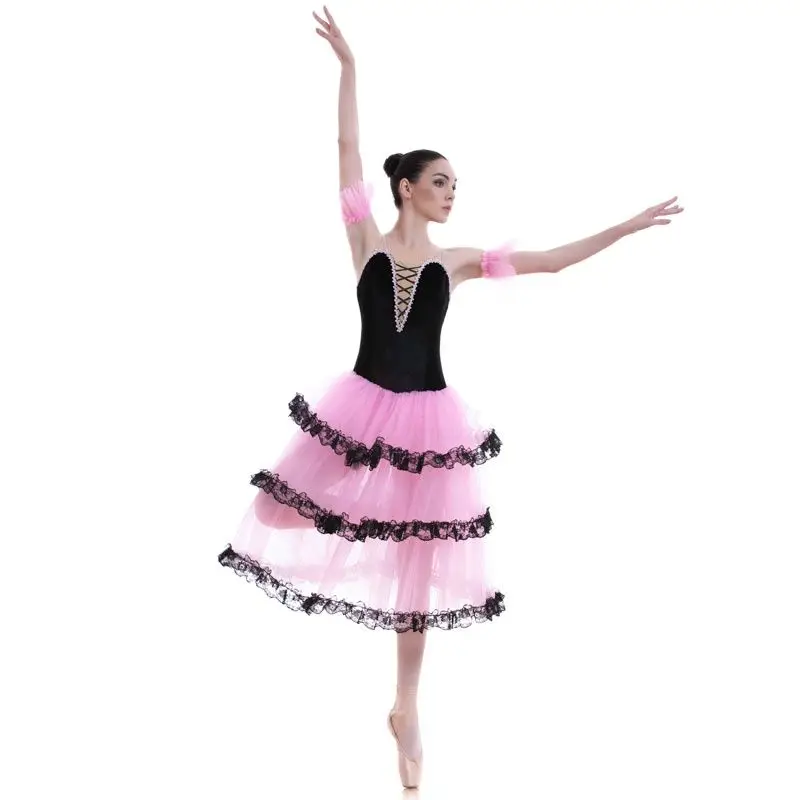 

18004 испанская длинная балетная пачка, черный бархатный лиф, розовый тюль, костюм для балета, танцев Tutu танцевальные костюмы балерины