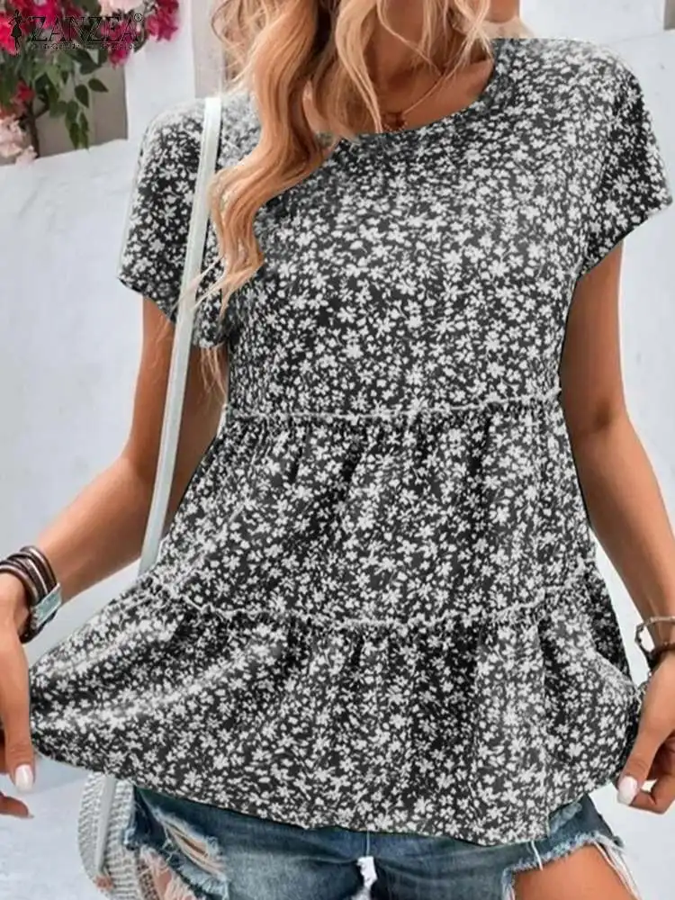 

ZANZEA Bohemian Floral Printed Tops Fashion Layered Ruffles Blouse Summer Short Sleeve O-Neck Blouses Woman Casual Beach Shirt