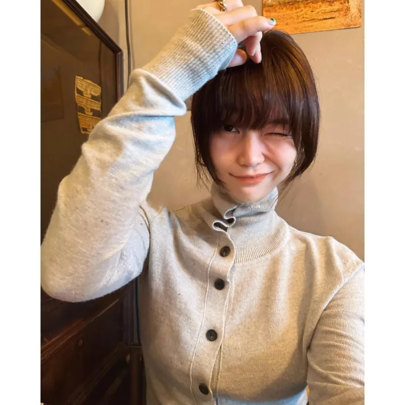 Женский Укороченный кардиган винтажный свитер с высоким воротником вязаный