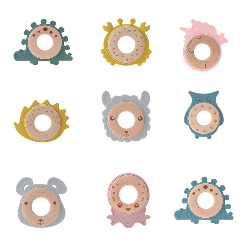 

5pcs Teether Beech Silicone Wood Ring Bird Dinosaur Bear Shape Animal Wooden Toys Baby Rattle Chew Bracelet BPA Free For Babies