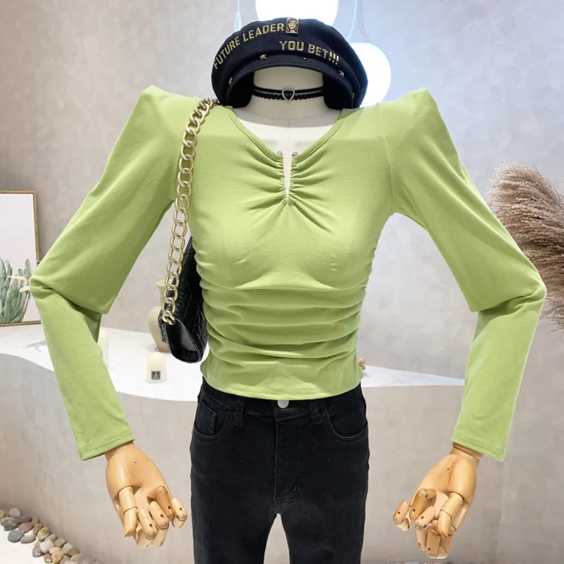 

New Women's Clothing 2022 Spring V-neck Short top long sleeve bottomed T-shirt Tops blusa feminina