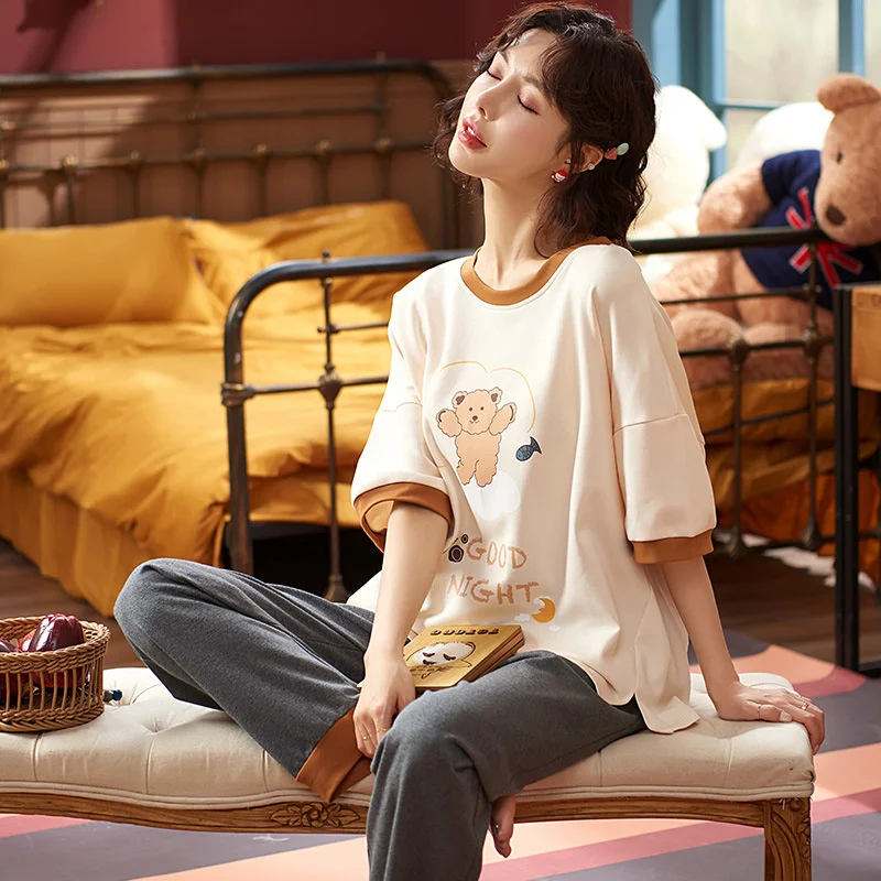 2022 new style pajamas women's summer short sleeved trousers pure cotton  cartoon cute girls can wear home clothes in summer