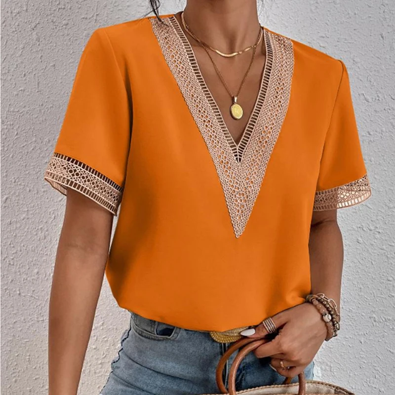 

V Neck Elegant Shirts 2023 Fashion Women Solid Hollow Blusas Summer Chiffon Blouse Lace Casual Loose Short SleeveTops 26454