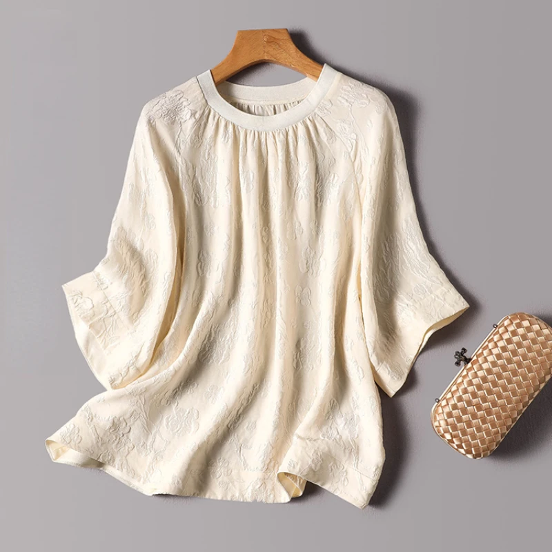 

Silk Women's Shirts Summer 2023 New Floral Satin Blouses Long Sleeve Jacquard Top Loose Casual Ladies Clothing O-Neck YCMYUNYAN