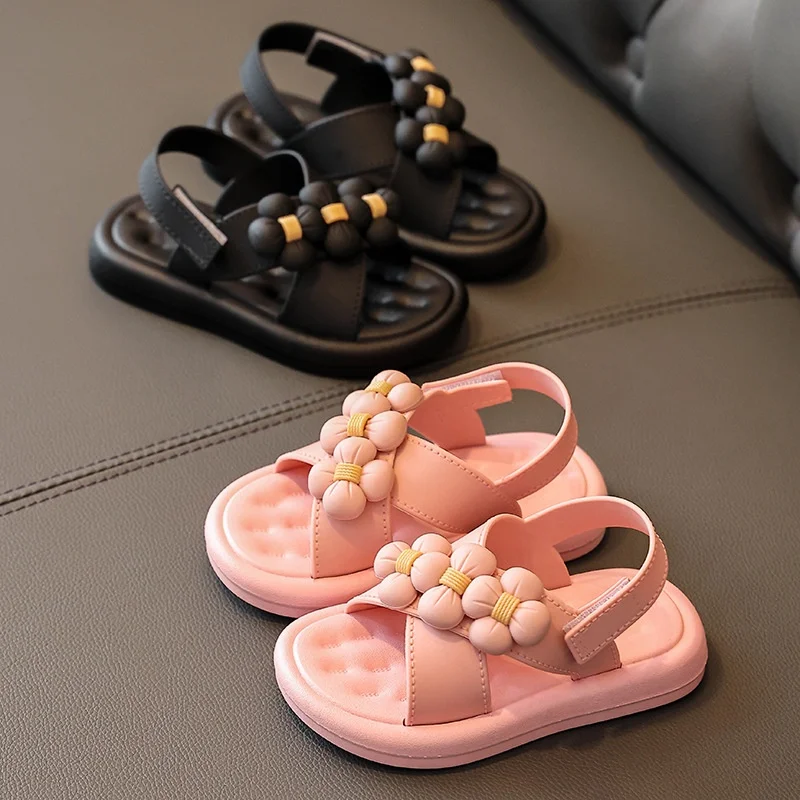 Cute Summer Girls Sandals Floral Non-slip Soft Bottom Children Students Princess Shoes Baby Girls Beach Sandals
