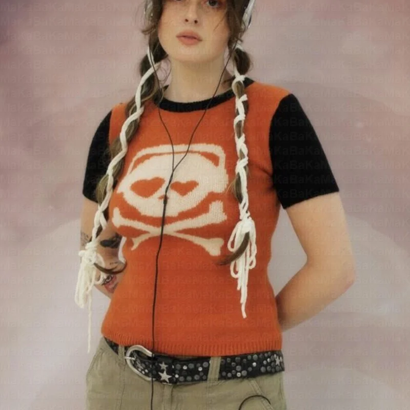 

Summer knitted short sleeved Skull Print Slim Tee Cute Crop Tops Y2k Clothes Vintage Women's Streetwear T-Shirts Gothic Grunge