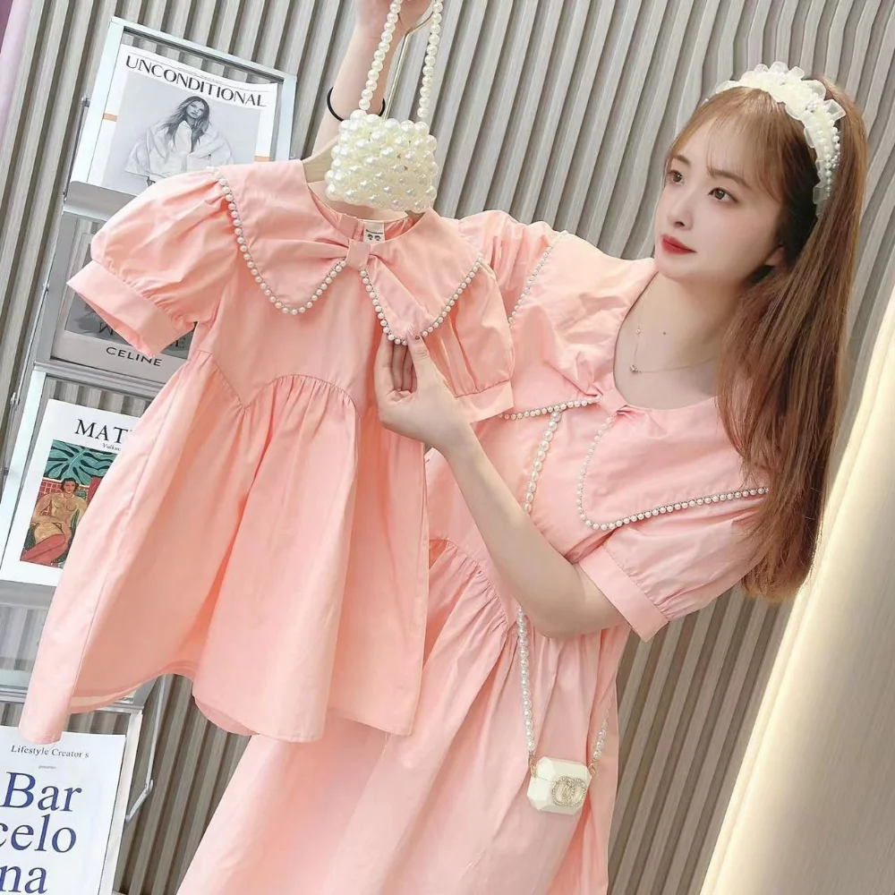 

Summer New Children's Family Matching Outfits Girls Women's Pearl Solid Princess Dress Mom and Daughter Matching Clothes