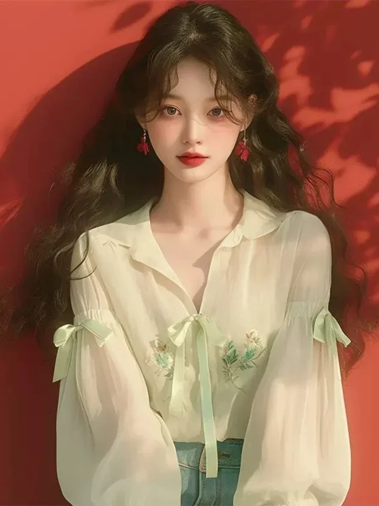 Шифоновая женская рубашка в китайском стиле летняя новая однотонная Корейская