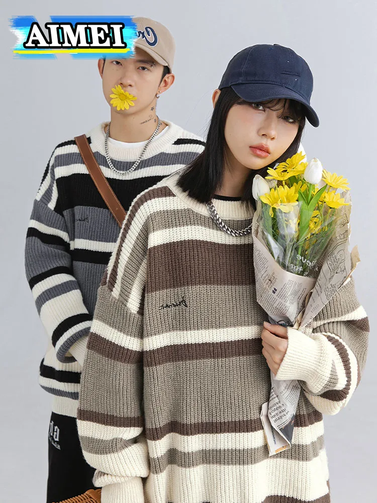 

Women's Embroidery Knitted Sweater Pullover Striped Couple Women Winter Korean Fall Clothes 2023 Cold Blouse Tops Sweatshirts