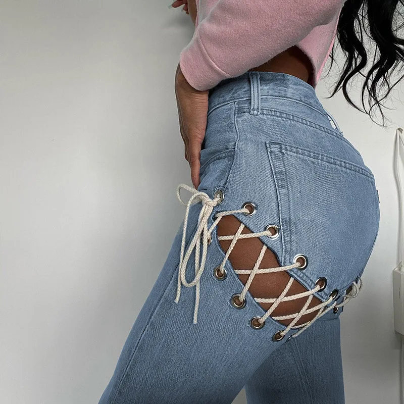 Sexy Hollow Out Drawstring Denim Trousers Light-colored High-waisted Straps Washed Casual Skinny Straight Long Jeans Streetwear