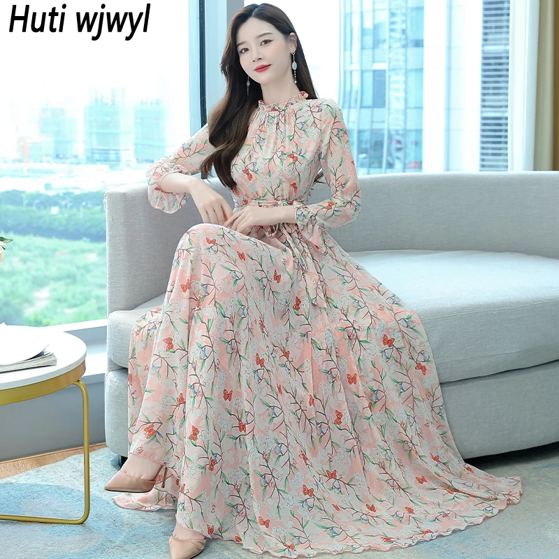 

Женское шифоновое платье-макси с высокой талией и цветочным принтом