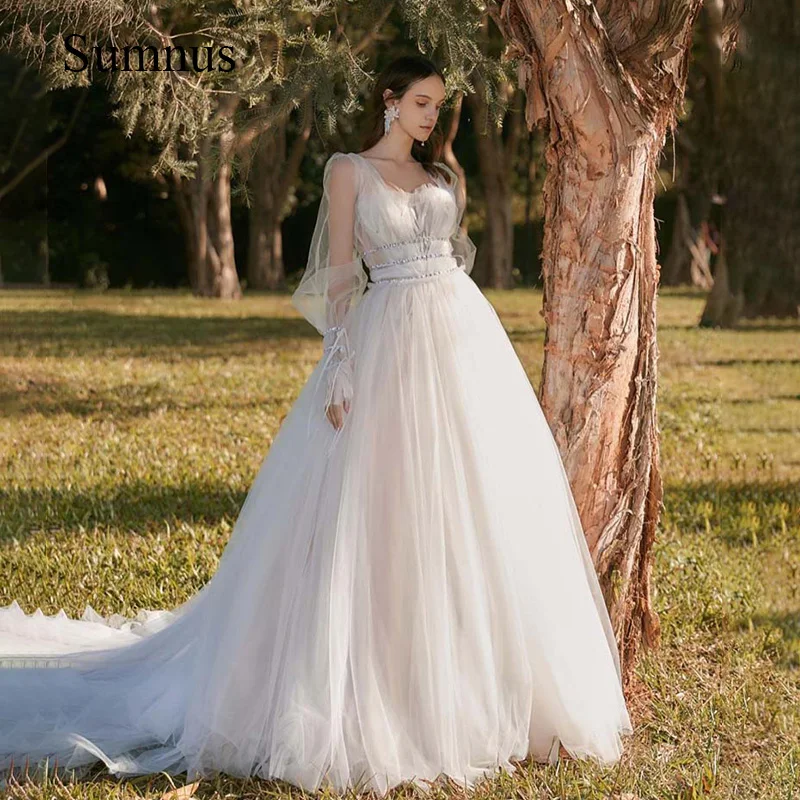 

Sumnus A-line Tulle Wedding Dress Puff Full Sleeve Sequined Sashes Bride Gown Elegant Princess Wedding Gowns Robe de Mariee