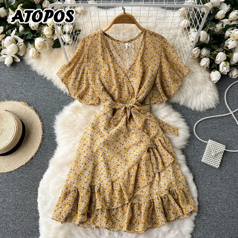 

Atopos Women Printed Bandage Ruffles Summer Dress V Neck Short Sleeve High Waist Mini Dresses Beach Sundress Vestidos Robe 2022