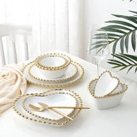 luxury ceramic dinnerware round heart shaped desert plate dinner plates white bowls with gold rim family household tableware