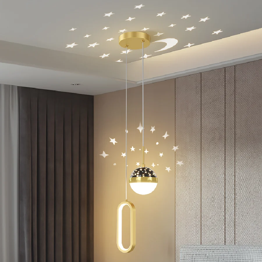 

Starry sky projection lamp bedroom bedside chandelier long line two ends full of stars living room sofa background wall lamp